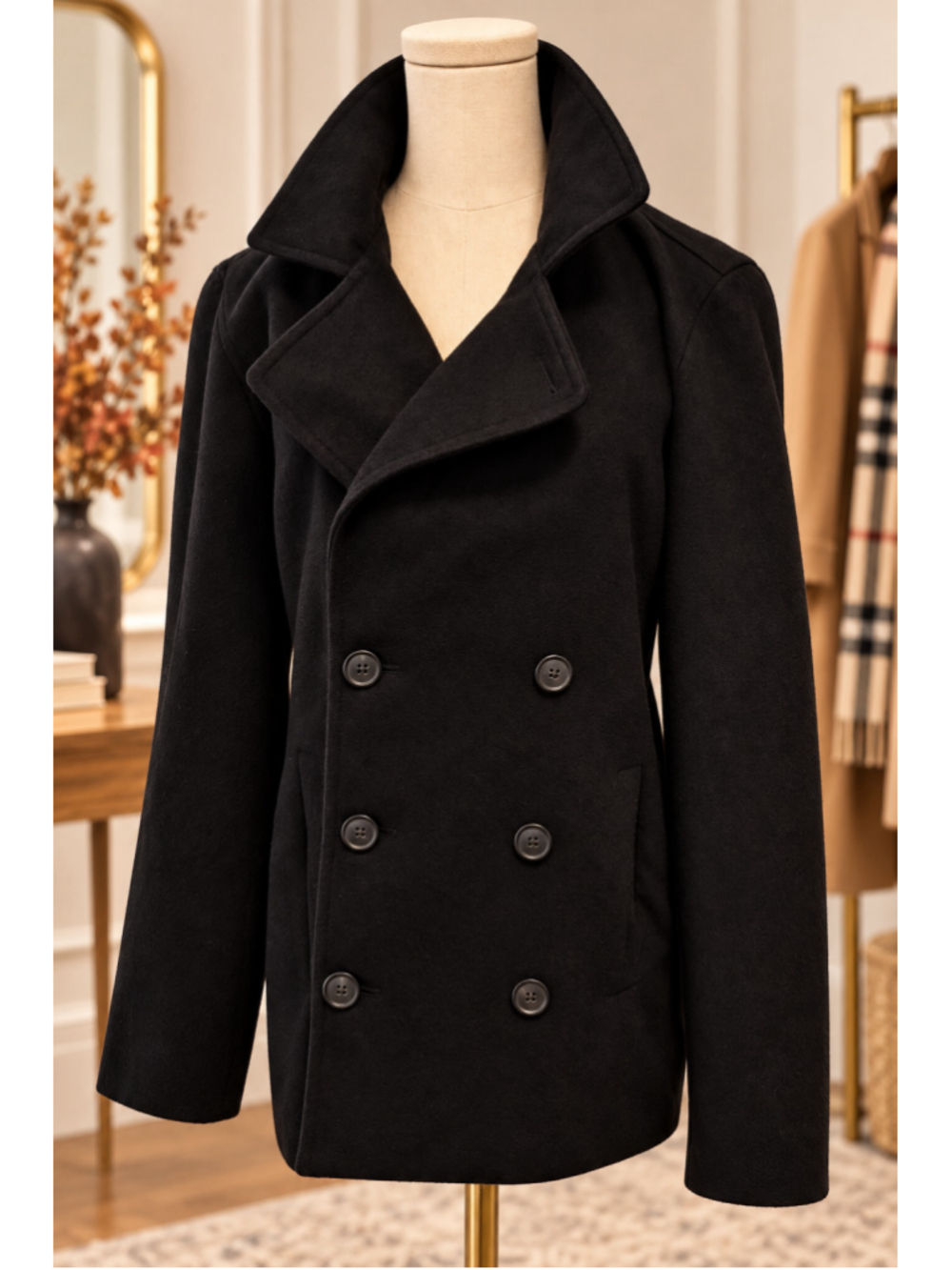 Fashion Nova Men Black Peacoat Double Breasted Winter Coat Jacket S